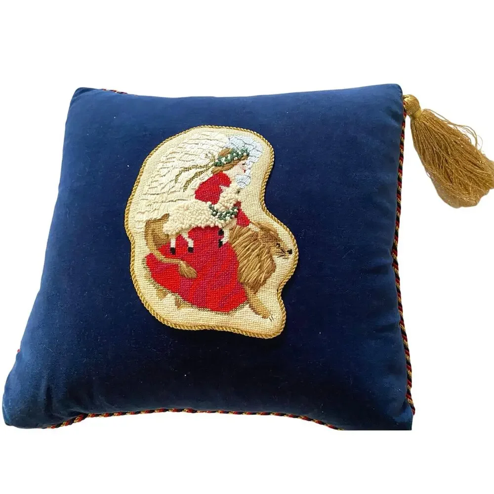 Blue velvet Needlepoint applique‎ Christmas pillow large gold tassel and trim